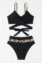 Black Leopard Splicing Criss Cross Tie Spaghetti Straps  High Waisted Bikini