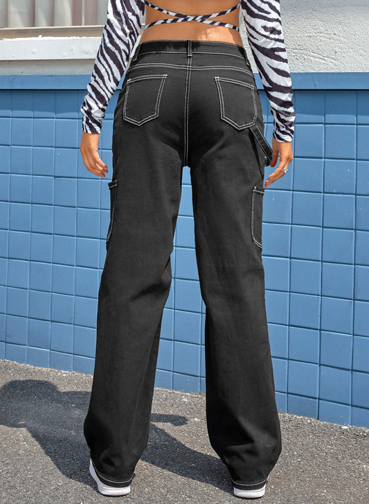 High Waist Straight Leg Cargo Pants with Pockets