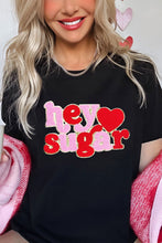 Black Chenille Heart hey sugar Patched Crewneck Valentines Tee