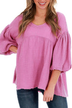 Blusa babydoll con dobladillo sin rematar y manga de burbuja arrugada rosa