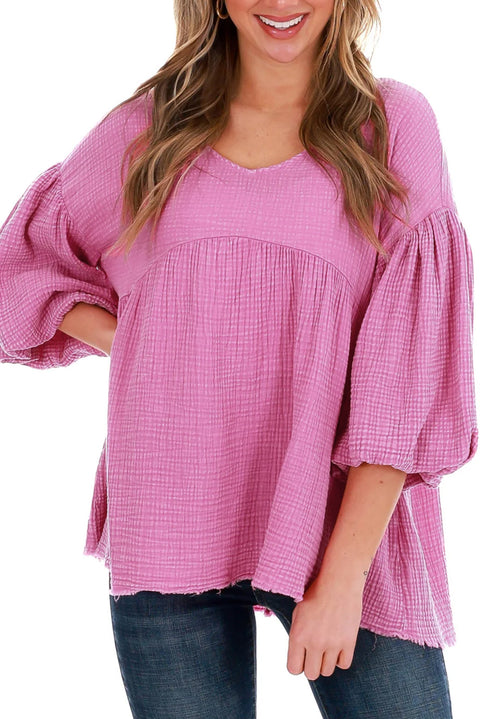 Pink Crinkle Bubble Sleeve Raw Hem Babydoll Blouse