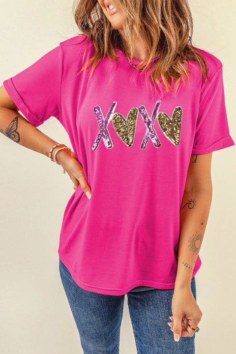 Rose Red Heart XOXO Graphic Crewneck Valentines T Shirt