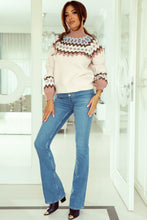 Khaki Geometric Pattern Ribbed Trim High Neck Sweater