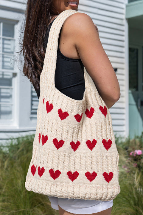 Apricot Heart Pattern Knit Large Shoulder Bag