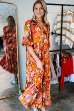 Orange Abstract Print Pleated Half Sleeve Buttoned Maxi Dress