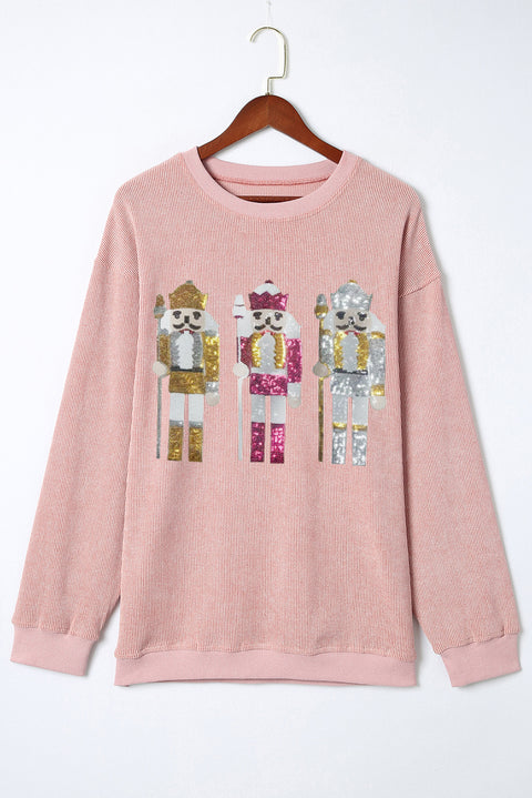 Pink Christmas Nutcracker Pattern Ribbed Oversized Sweatshirt