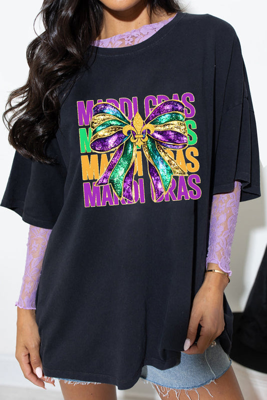 Black MARDI GRAS Fleur de Lis Bowknot Printed Crewneck Tee