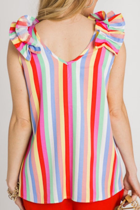 Camiseta sin mangas con tirantes y volantes con cuello en V a rayas multicolor