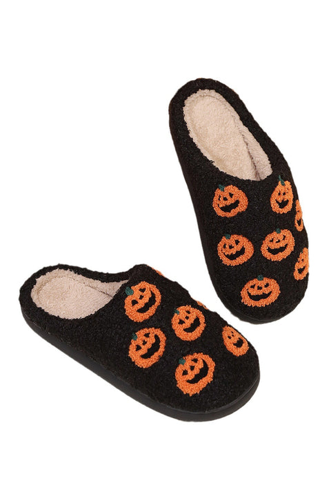 Black Halloween Pumpkin Plush Home Slippers