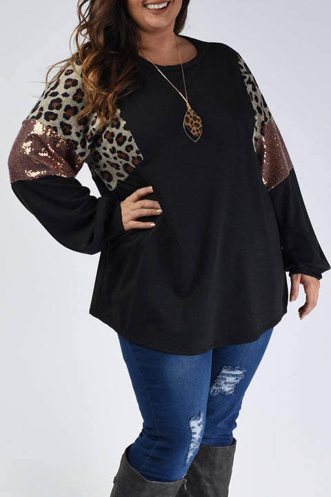 Black Leopard Sequin Patch Plus Size Long Sleeve Top