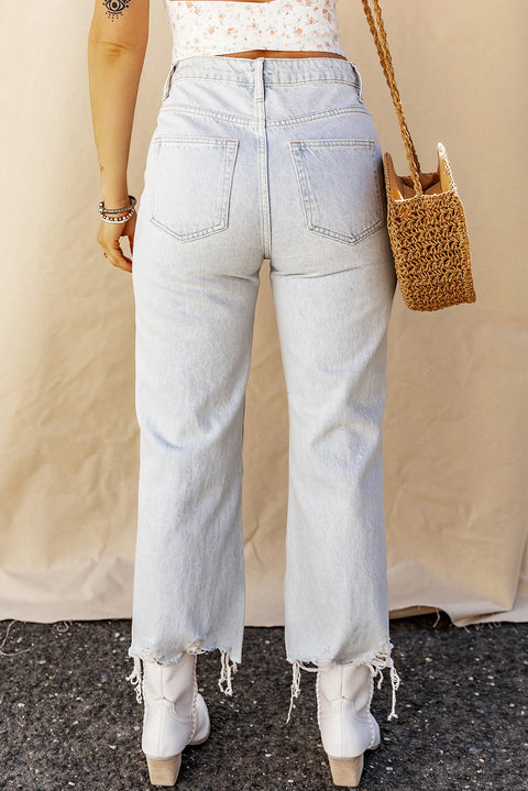 Light Blue High Rise Ripped Frayed Hem Straight Jeans