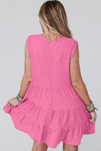 Bright Pink Waffle Textured Button Round Neck A-line Tiered Sleeveless Dress