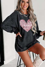 Black Sequin Heart Shaped Crewneck Corded Sweatshirt