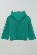 Sea Green Cable Knit V Neck Contrast Drawstring Hooded Sweater