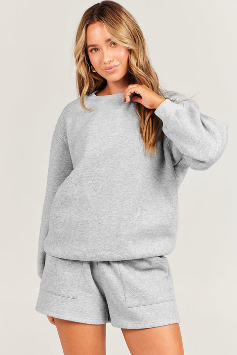 Light Grey Solid Pullover Sweatshirt and Shorts 2 Piece Set