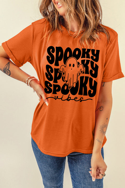 Orange SPOOKY Vibe Ghost Print Crewneck Halloween T Shirt