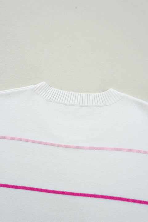 White Colorblock Striped Half Sleeve Drop Shoulder Sweater