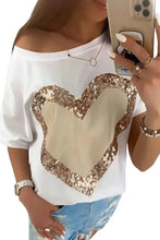 White Valentine\'s Day Sequined Heart Crew Neck Short Sleeve Top