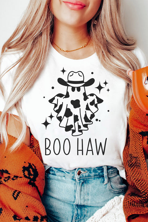 White Halloween BOO HAW Graphic Crew Neck Tee