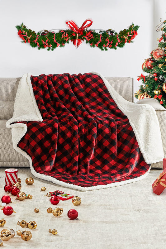 Fiery Red Buffalo Plaid Print Sherpa Large Throw Blanket