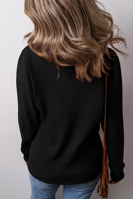 Black Solid Color Corded Drop Shoulder Long Sleeve Top