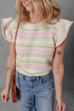 Oatmeal Colorful Striped Eyelet Knit Ruffled Sleeve Sweater T Shirt