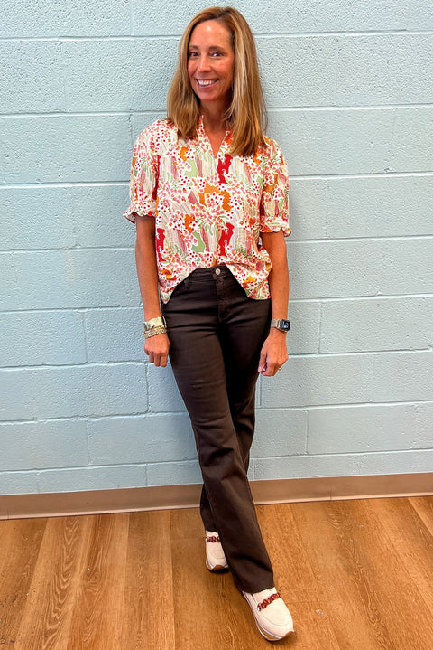 Pink Floral Print Button Frilled Short Sleeve Blouse