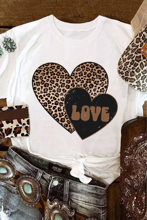 White Leopard LOVE Double Heart Printed Valentines Graphic Tee