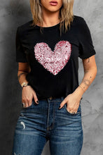 Black Valentine Sequin Heart Shaped Crew Neck T Shirt