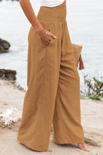 Khaki Smocked Wide Waistband High Waist Wide Leg Pants