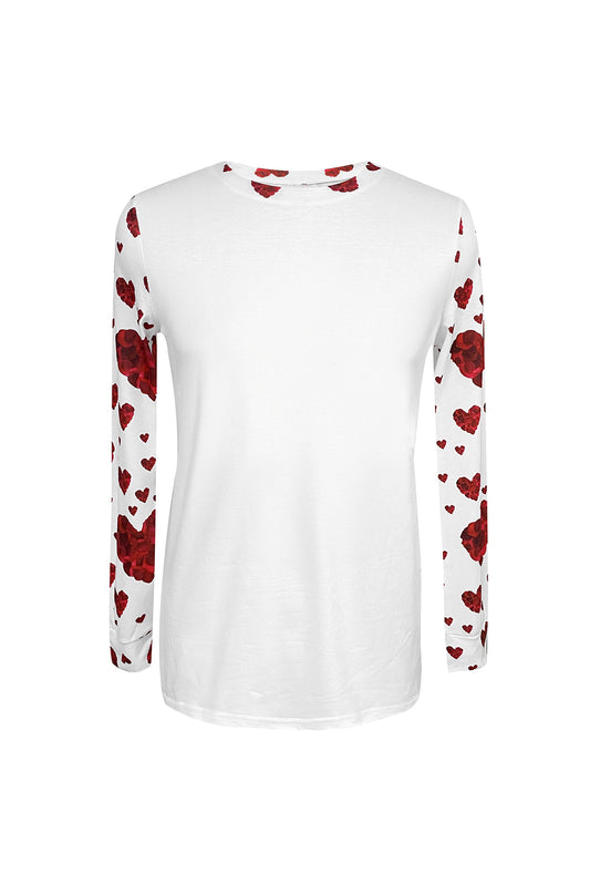 White Heart Shape Print Round Neck Long Sleeve T Shirt