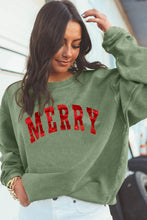 Grass Green Christmas MERRY Letter Printed Corded Baggy Sweatshirt