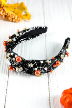 Black Pearled Rhinestone Knotted Spiderweb Halloween Headband