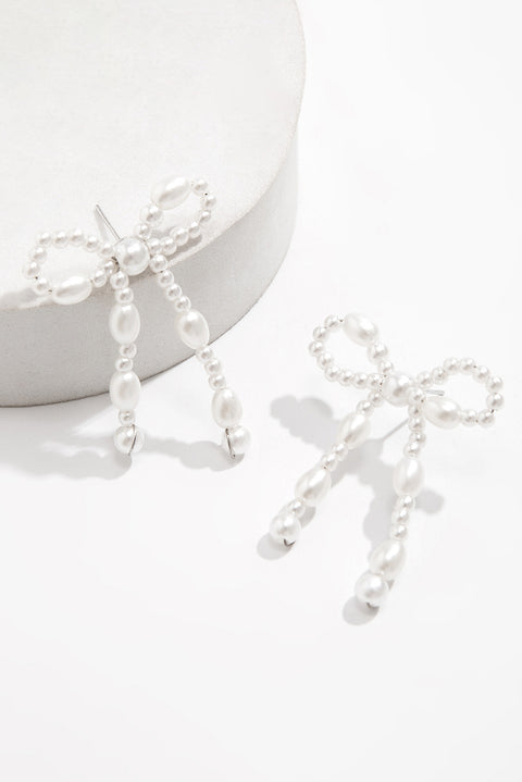 White Pearl Beaded Bowknot Studded Earrings