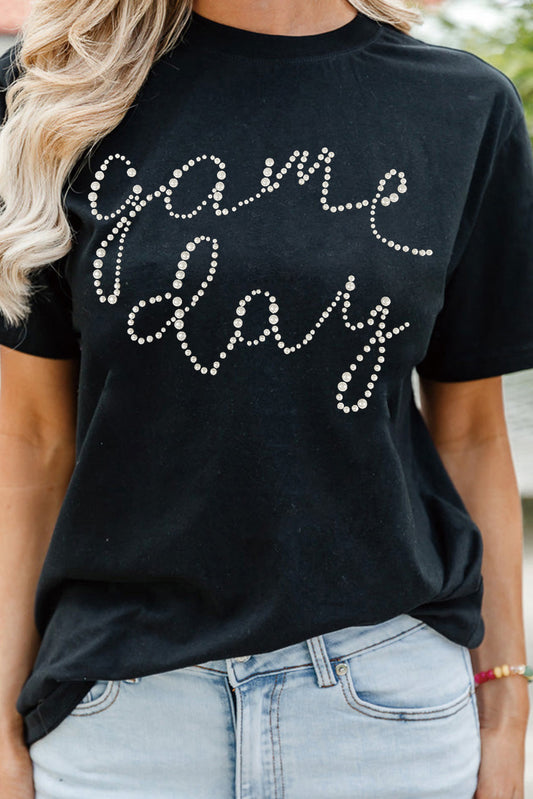 Black Shiny Rhinestone game day Pattern Crewneck T Shirt