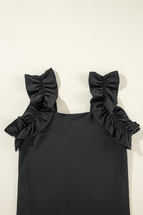 Black Solid Ruffle Trim Sleeveless Top