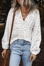 White Eyelet Embroidered Puff Sleeve V Neck Blouse