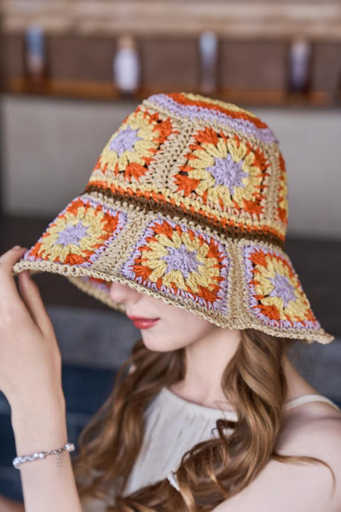 Beige Boho Flower Crochet Wide Brim Buckle Hat