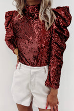 Apricot Sequin Mock Neck Bubble Sleeve Top