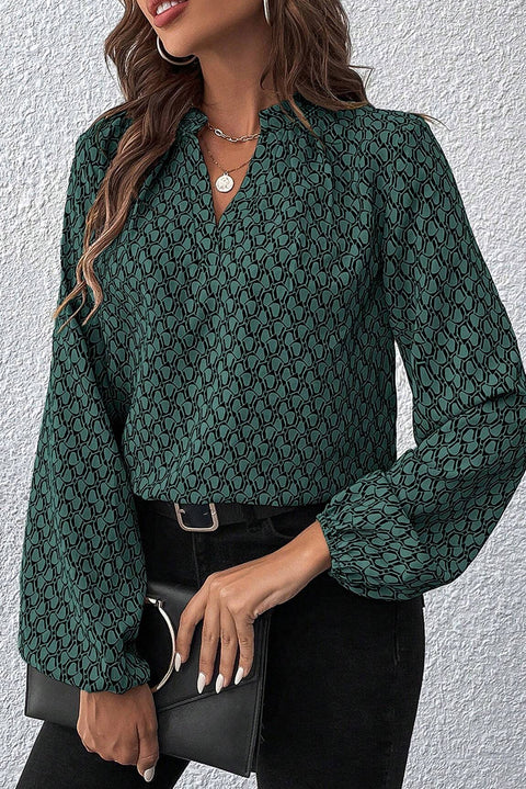 Green Geometric Print Notched Neck Puff Sleeve Blouse