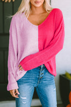 Pink Long Sleeve V-Neck Colorblock Sweater