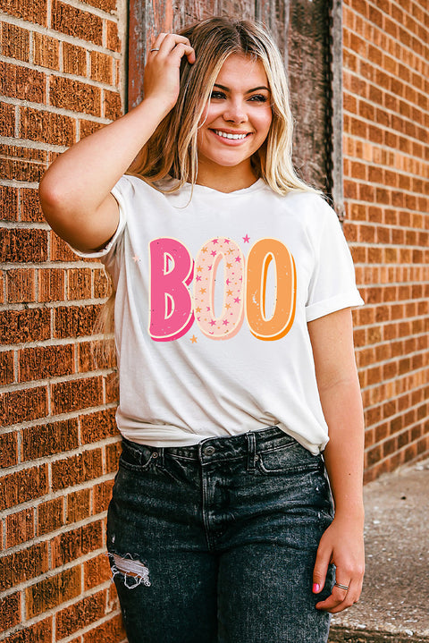 Camiseta blanca con gráfico de letra BOO de Halloween