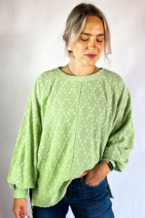 Light Green Solid Color Textured Side Split Crew Neck Blouse