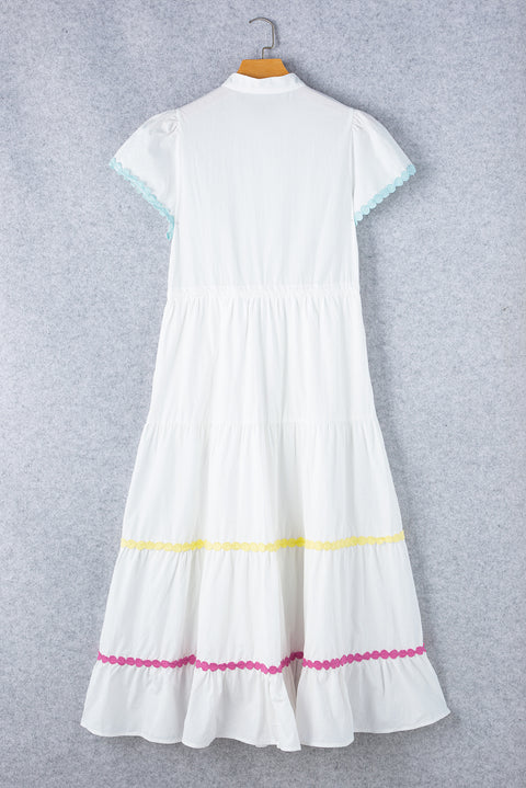 White Colorblock Rickrack Trim Short Sleeve Drawstring Waist Long Dress