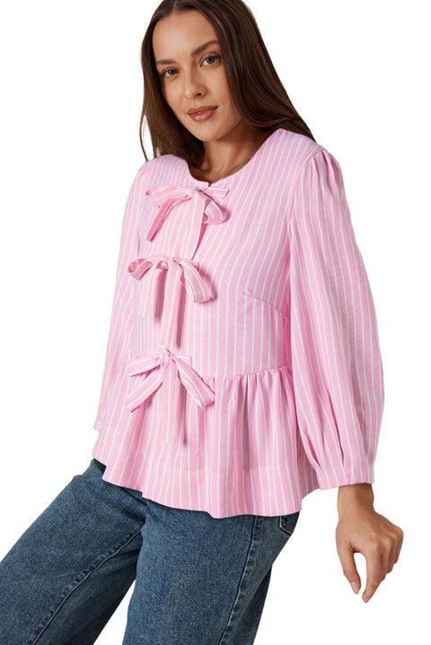 Pink Stripe Bowknot Front Crew Neck Puff Sleeve Blouse