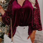 Red Dahlia Sequin Patchwork Sleeve Button Up Velvet Top