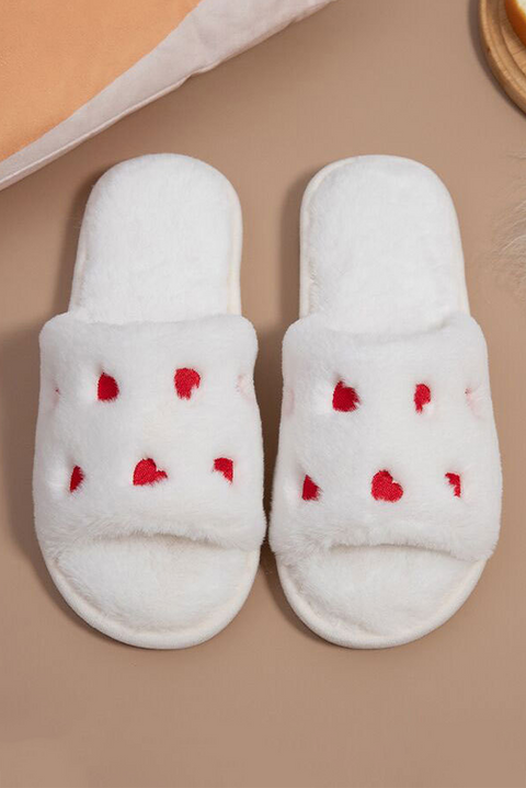 White Valentines Heart Embroidered Fuzzy Winter House Slippers