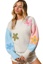 Multicolour Floral Embroidered Colorblock Fuzzy Drop Shoulder Sweater