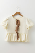 White Textured Bow Ties Front Bubble Hem Puff Short Sleeve Blouse