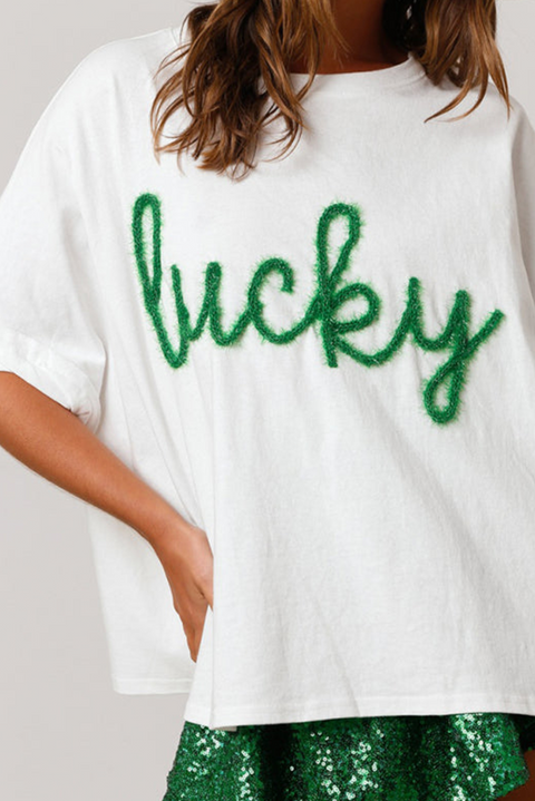 White Lucky Tinsel Graphic St Patrick Fashion Tee